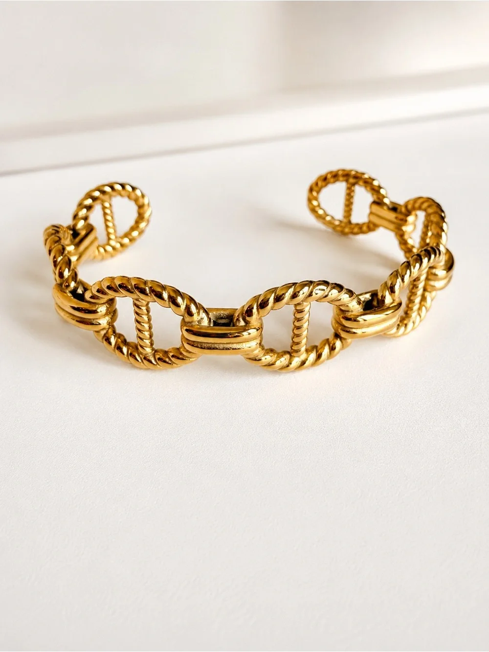Gold Rope Link Open Cuff Bracelet